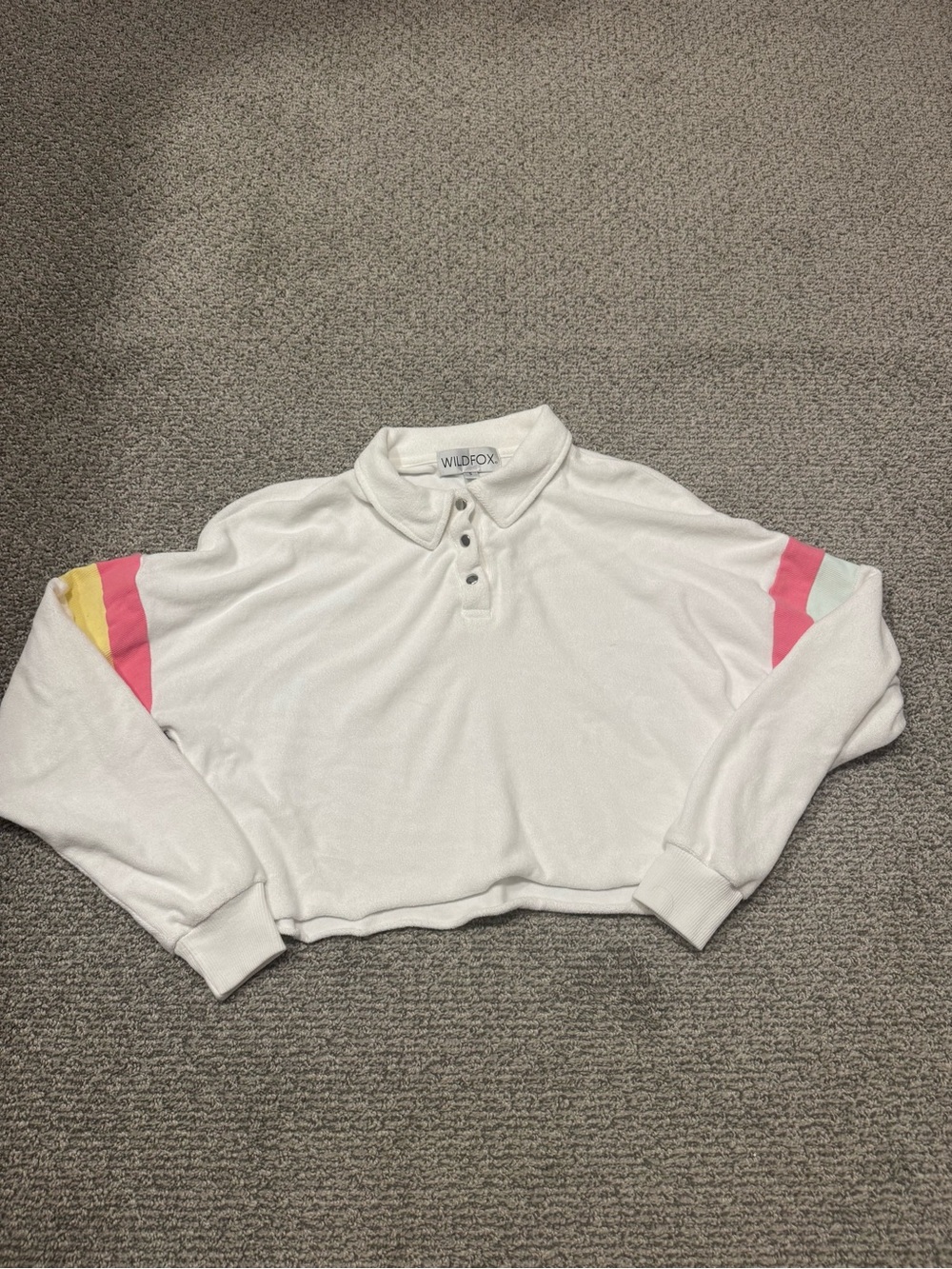 Wildfox White Cropped Polo Sweatshirt with Pink and Yellow Sleeve Stripes